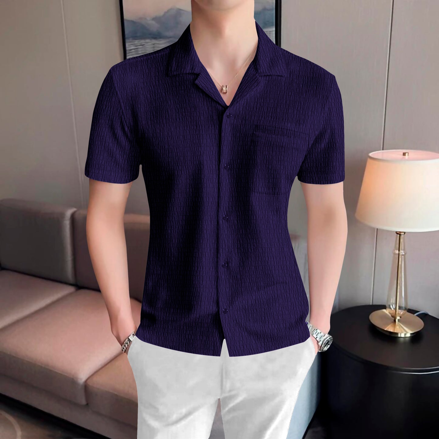 Modern Fit Dark Blue Colour Cropped Collar Short Sleeve Shirt