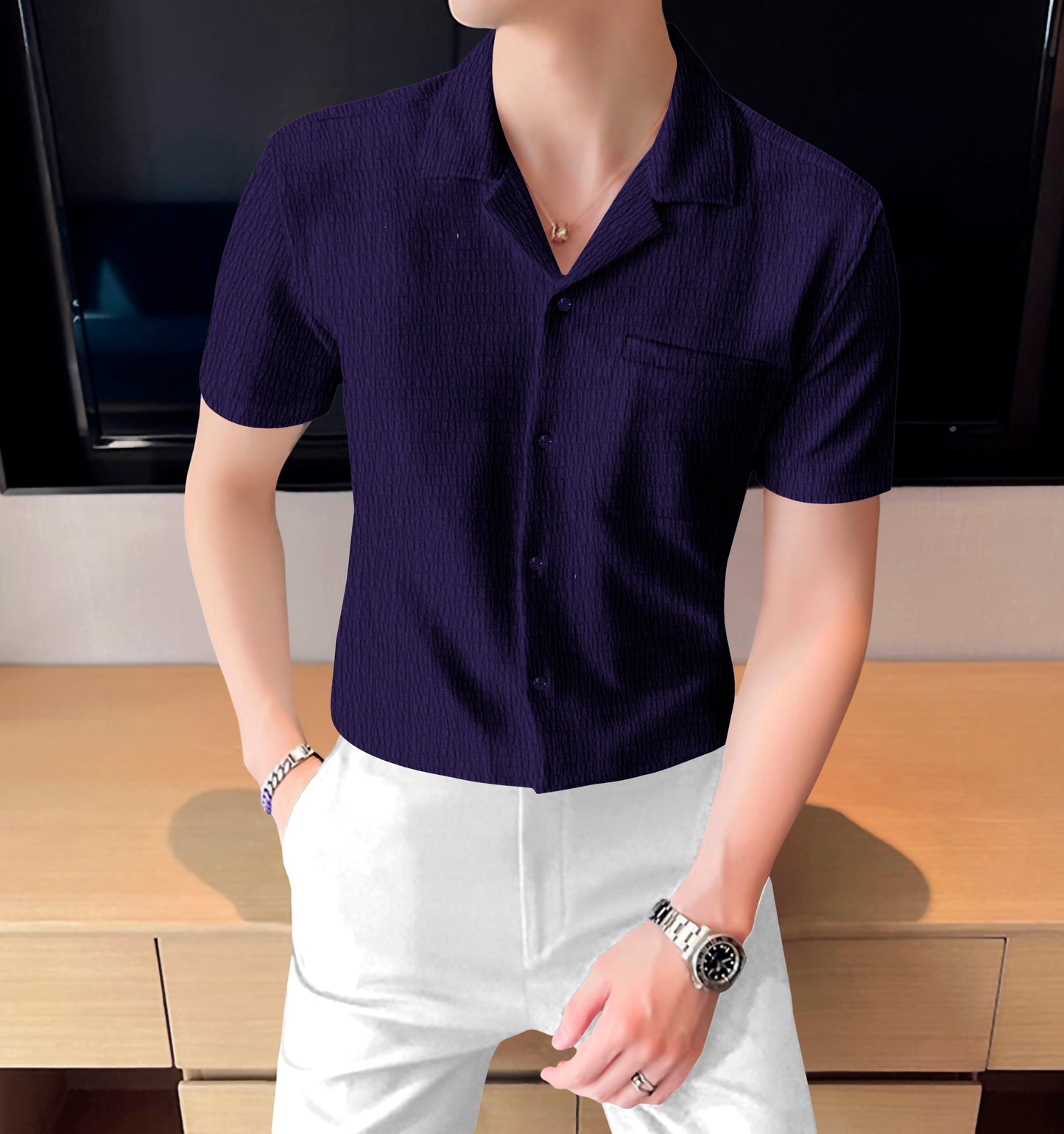 Modern Fit Dark Blue Colour Cropped Collar Short Sleeve Shirt