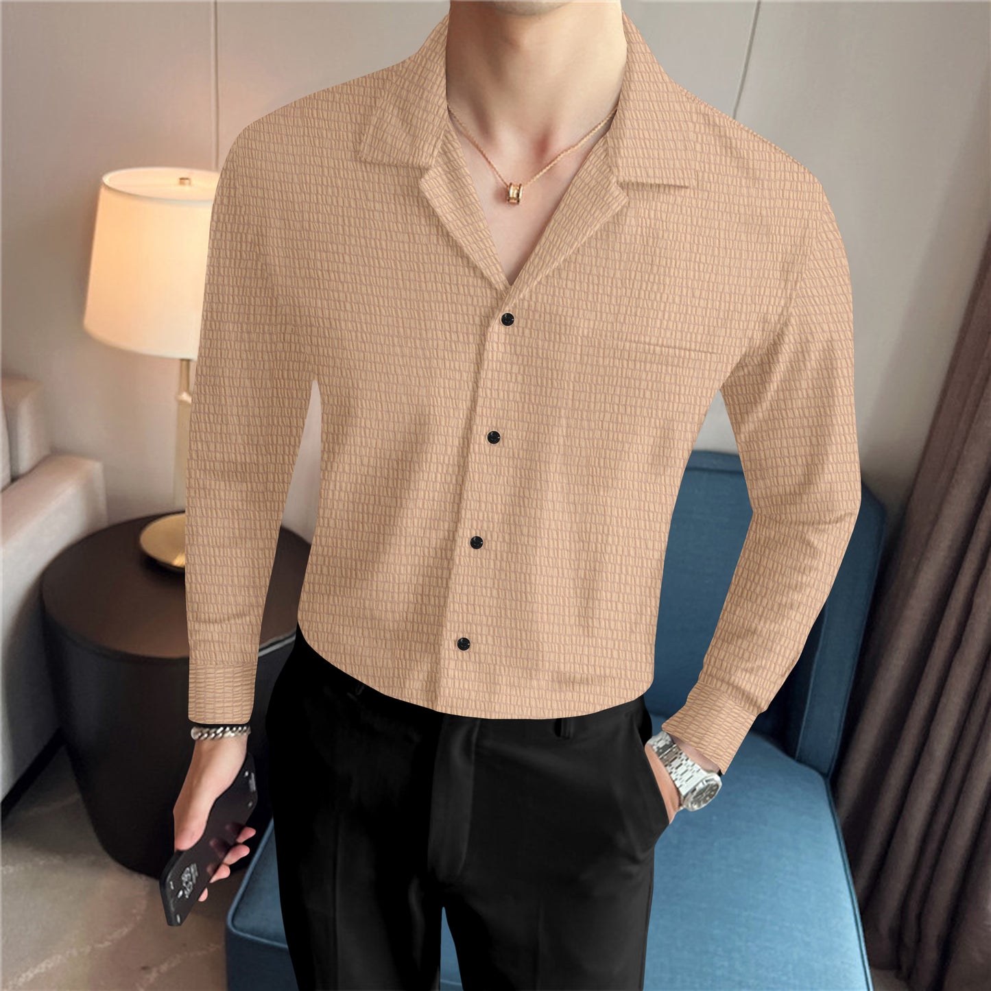 Modern Fit Biege Colour Cropped Collar Short Sleeve Shirt