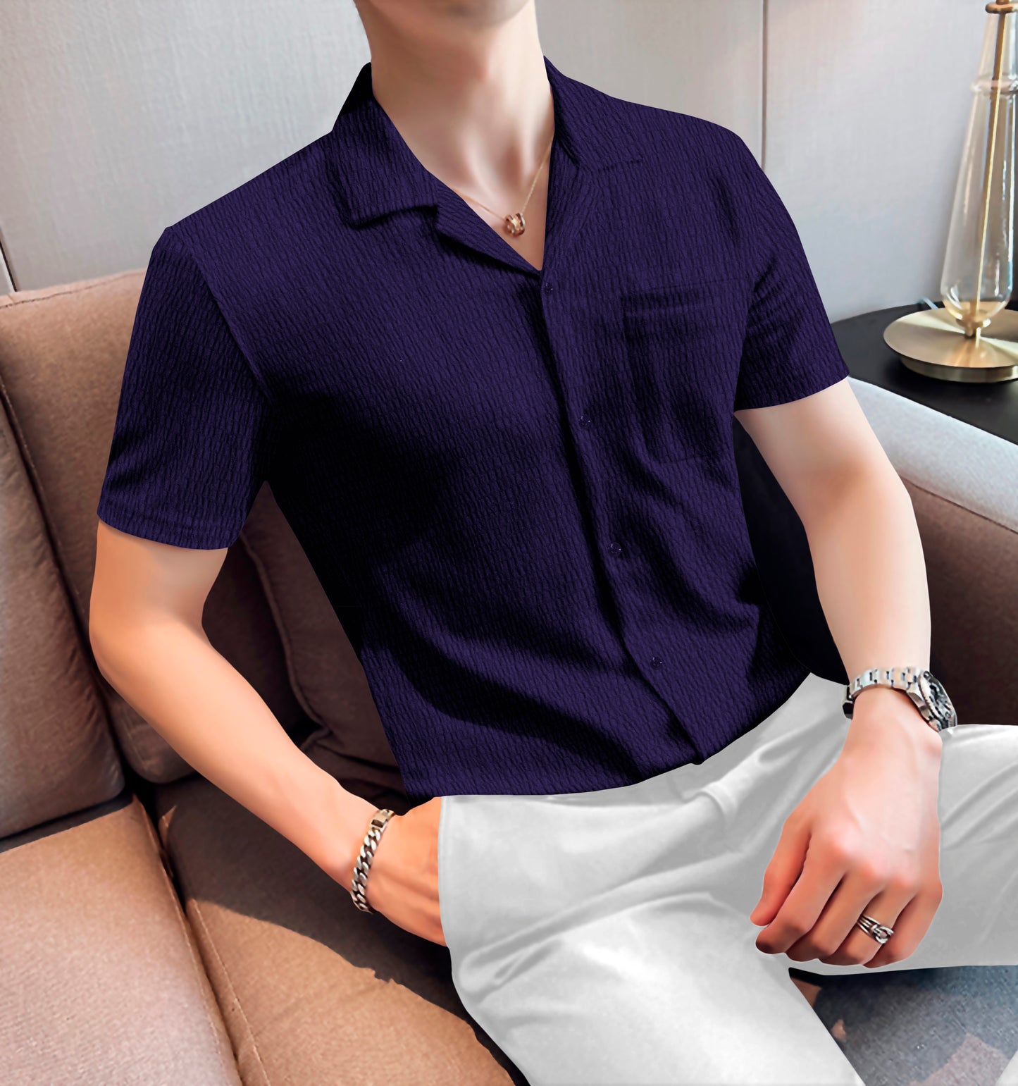 Modern Fit Dark Blue Colour Cropped Collar Short Sleeve Shirt
