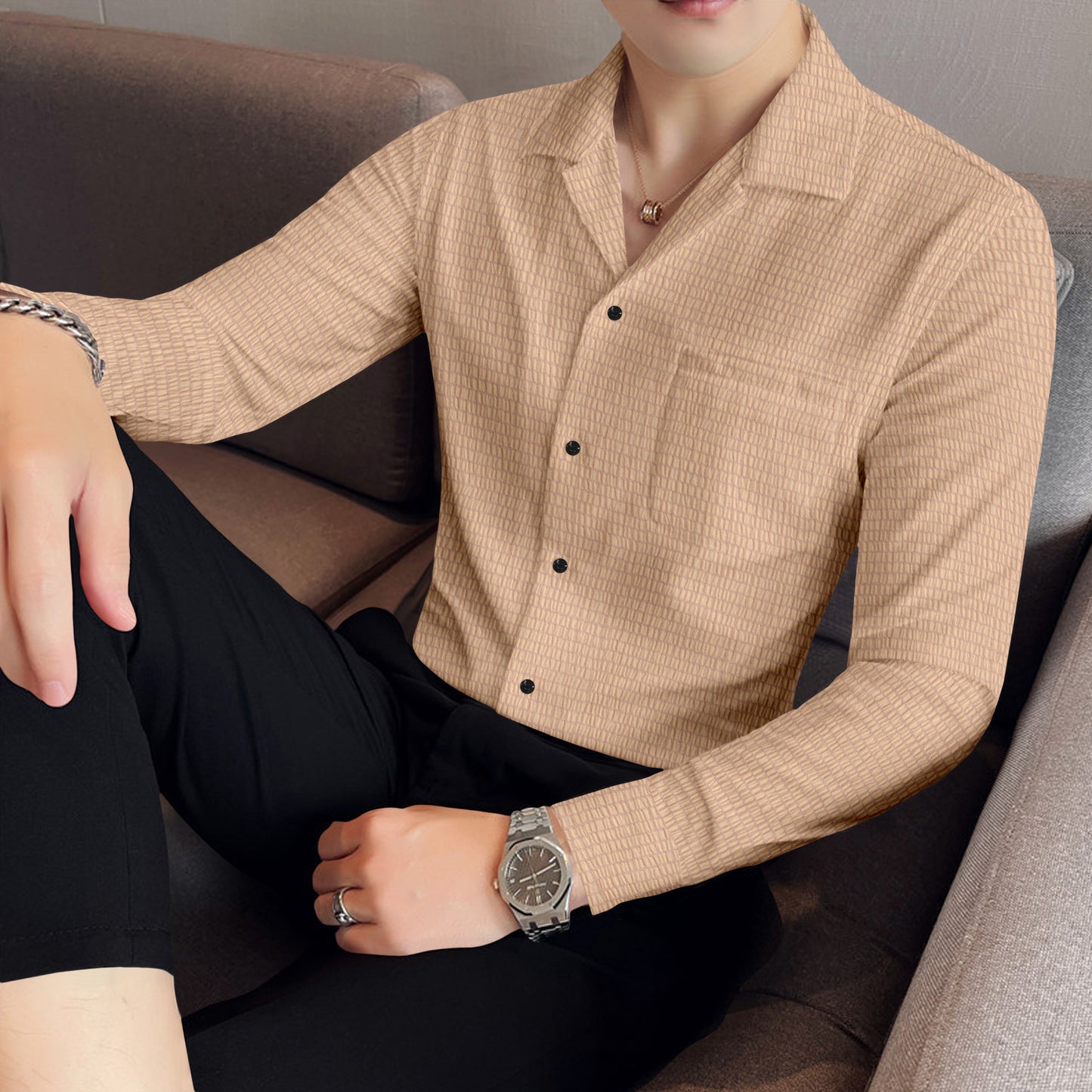 Modern Fit Biege Colour Cropped Collar Short Sleeve Shirt