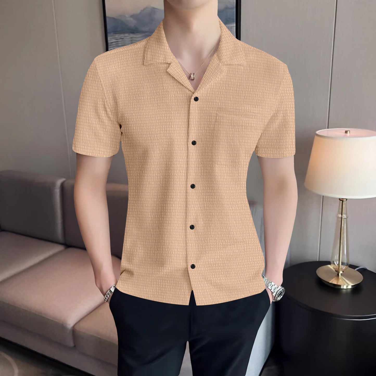 Modern Fit Biege Colour Cropped Collar Short Sleeve Shirt