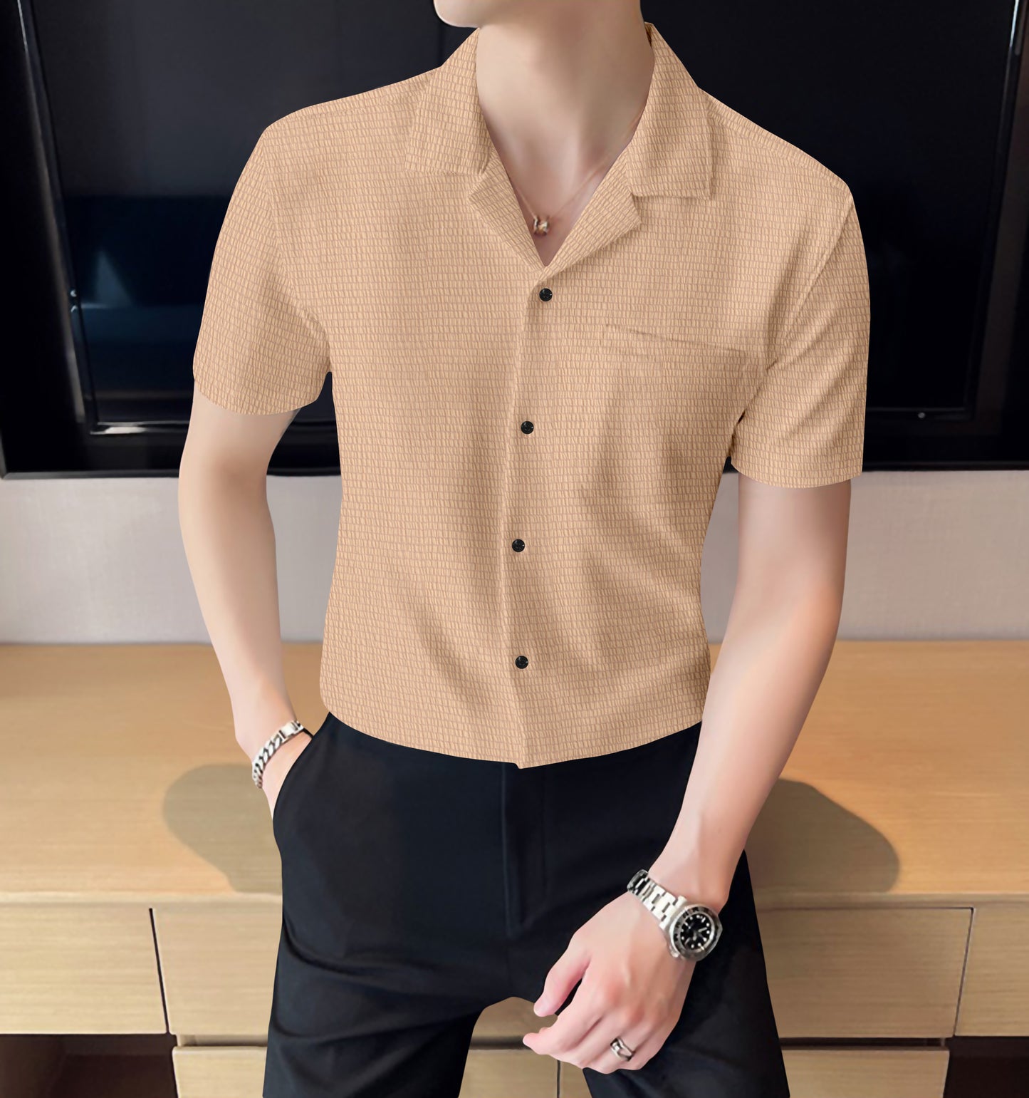 Modern Fit Biege Colour Cropped Collar Short Sleeve Shirt