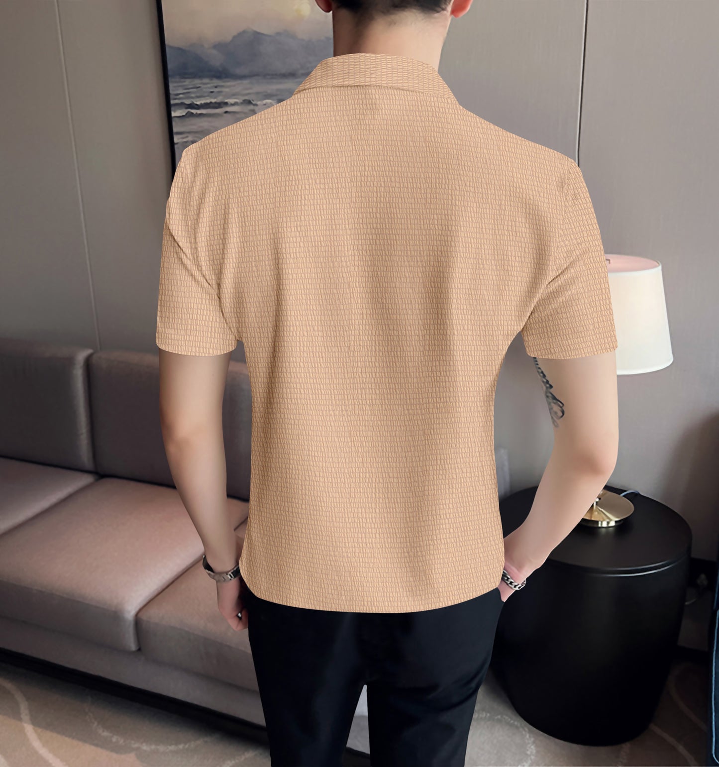 Modern Fit Biege Colour Cropped Collar Short Sleeve Shirt