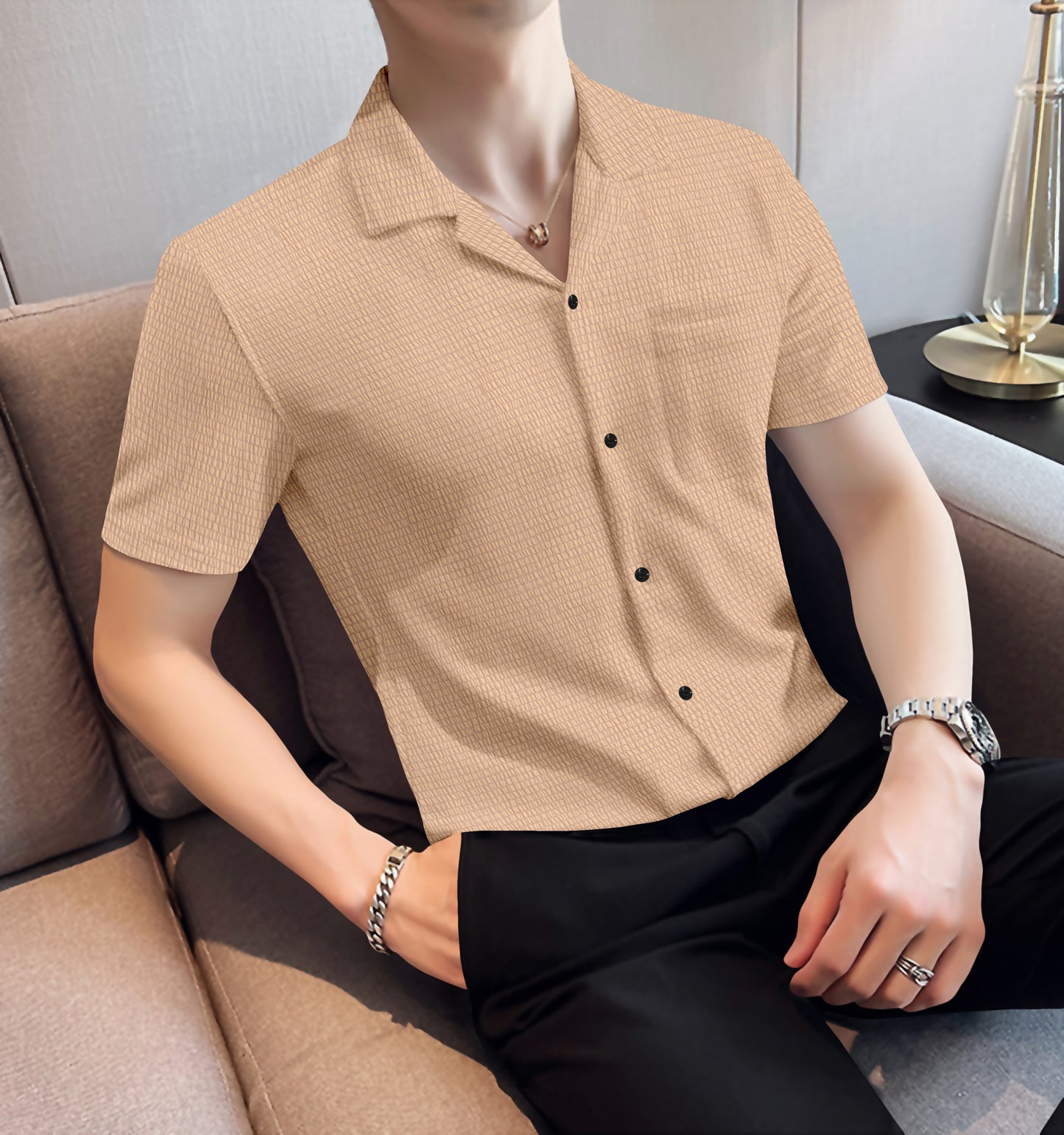 Modern Fit Biege Colour Cropped Collar Short Sleeve Shirt